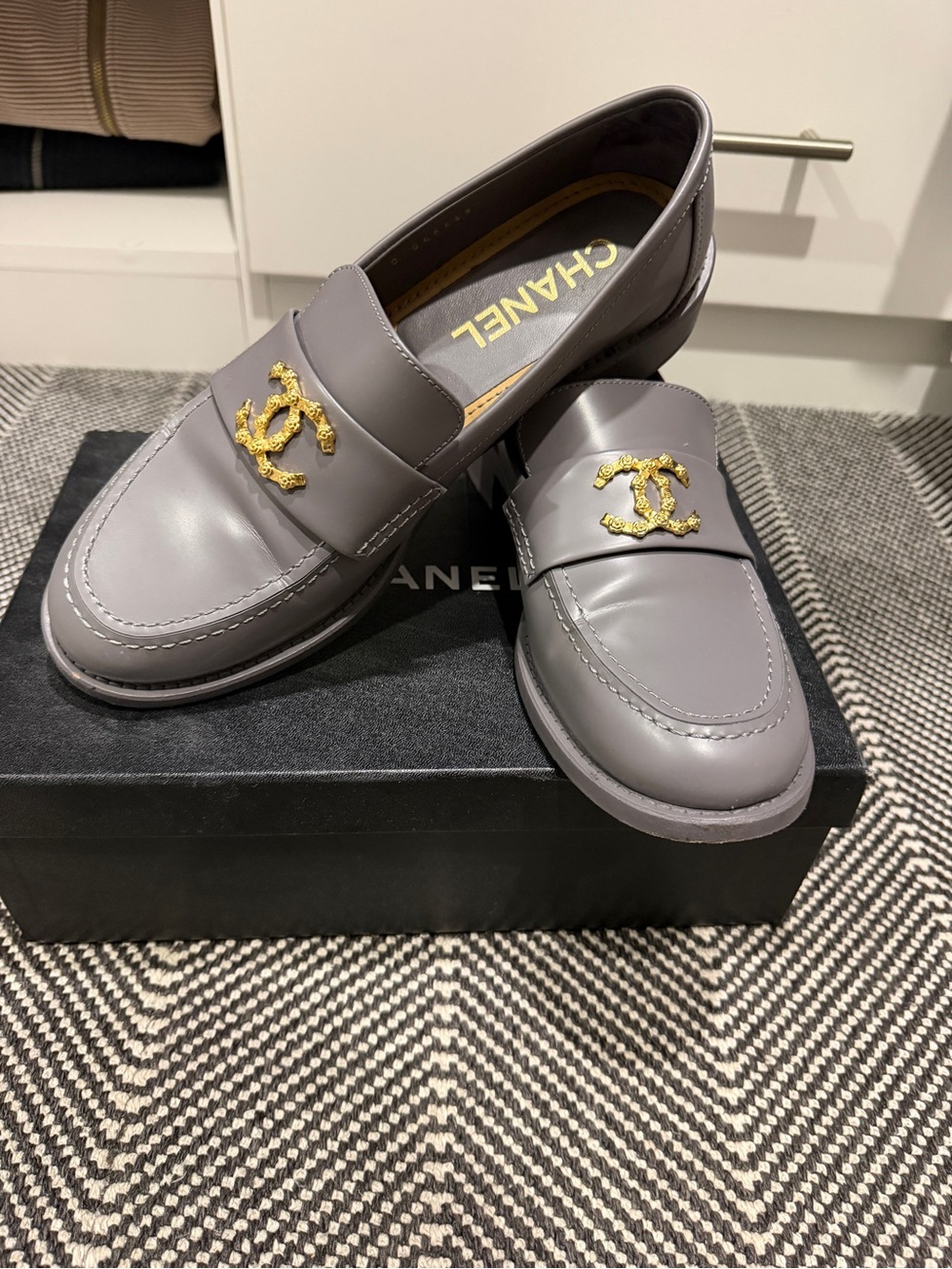 CHANEL Grey Leather Loafers with Gold CC Emblem